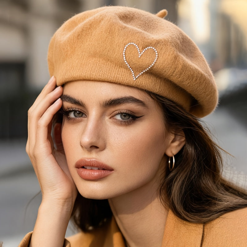 Women's Wool Beret Hat with Rhinestone Heart - Lightweight Warm