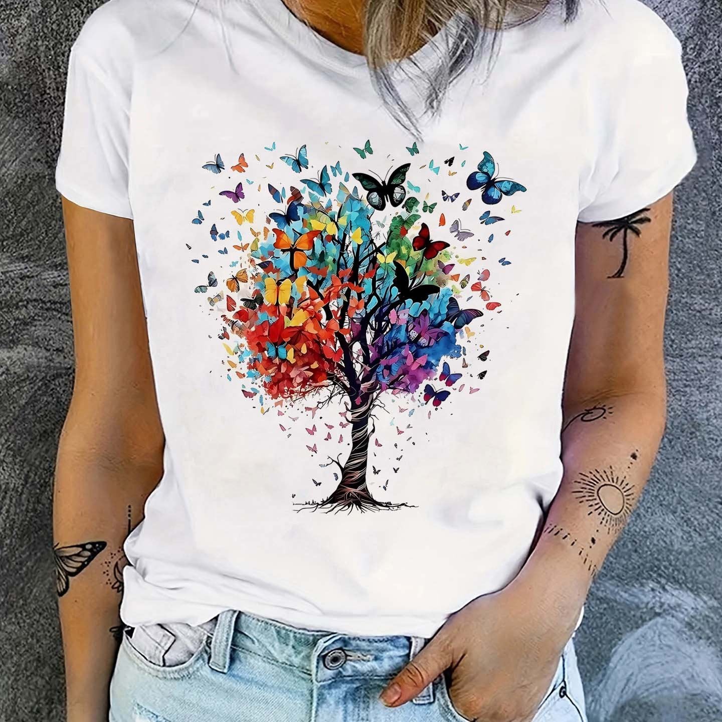 Butterfly Print Crew պարանոցի վերնաշապիկ, ամենօրյա կարճաթև շապիկ գարնան և ամառի համար, կանացի հագուստ