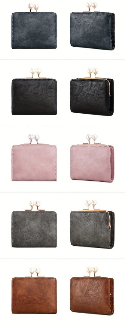 Women's Wallet Short Compact Three Layer LargeCapacity Retro Pearl Wallet High Quality PU Multi Card Seat/Coin ZeroWallet