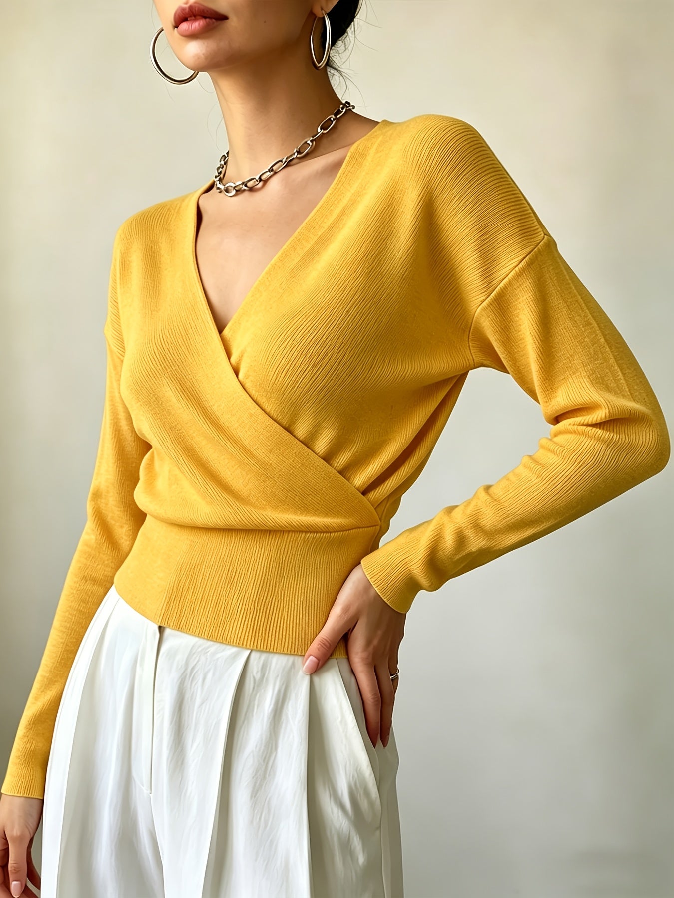 Women's Elegant Cross-Collar V-Neck Pullover Knitwear for Fall/Winter