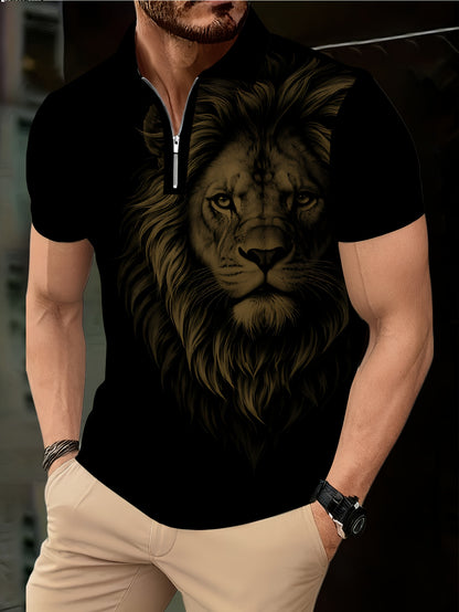 Men's Zip Shirt Short Sleeve Summer Trendy Lion Print Collar T-Shirt Business Casual Slim Fit Men's Top Women's Clothing - ayq