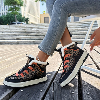 Women'S Stylish Leopard Print Winter Sneakers - Warm Fleece-Lined Casual Shoes with Thick PVC Sole, Black & Orange Design, Perfect for Fall/Winter Outdoor Activities, Winter Sneakers | Leopard Print Shoes | Durable PVC Sole