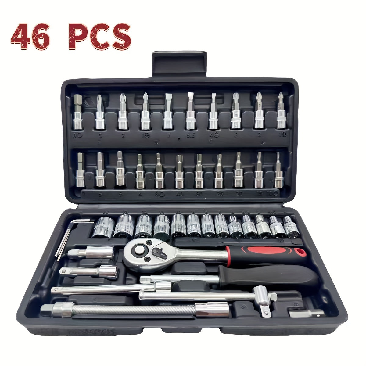 46pcs Heavy-duty Carbon Steel Auto Repair Tool Set | Includes Ratchet Wrenches, Sockets, Shockproof Toolbox, and Additions - Ideal for Projects and Auto Maintenance