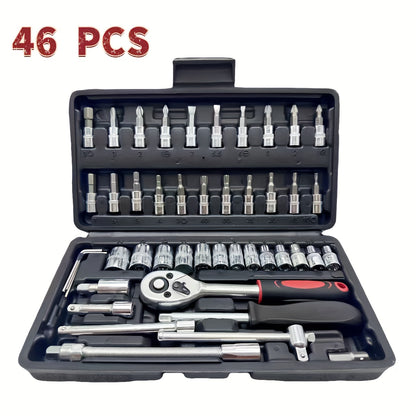 46pcs Heavy-duty Carbon Steel Auto Repair Tool Set | Includes Ratchet Wrenches, Sockets, Shockproof Toolbox, and Additions - Ideal for Projects and Auto Maintenance