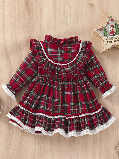 Girls' Plaid Tartan Puffed Sleeve High-Low Neck Ruffled Hem Dress with Ruffled Collar & Lace Trim - Plaid Princess Party Dress with Skirt, Machine Washable Winter Formal & Everyday Outfit for Christmas, New Year's, Easter - S