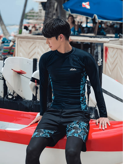 Men's Tropical Print Long Sleeve Swimwear Set with Pants