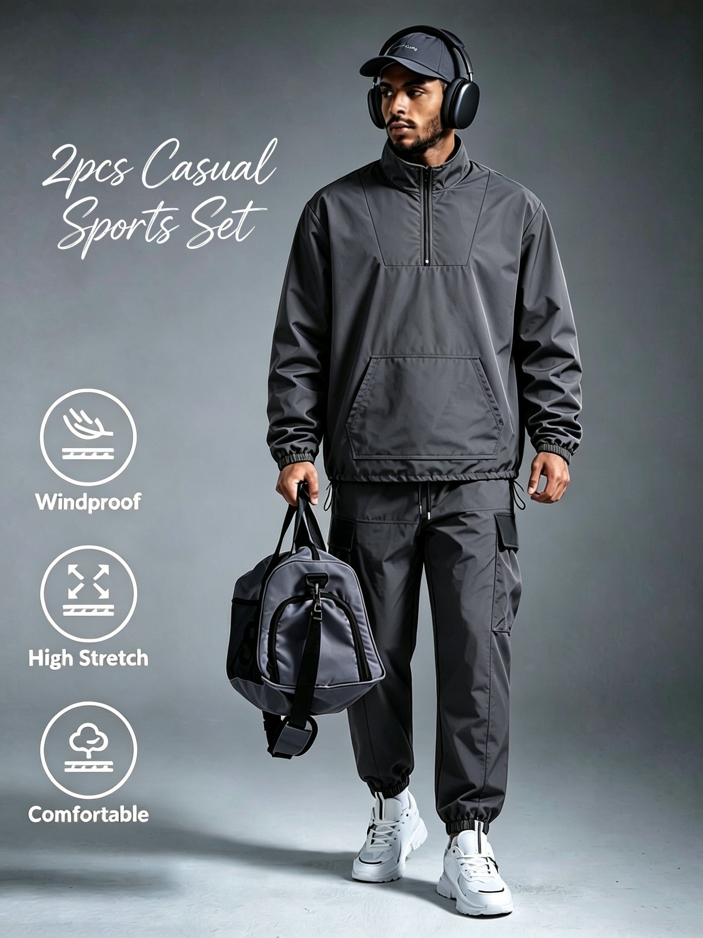 Men's Windproof Nylon Athletic Tracksuit Set with Cargo Pants