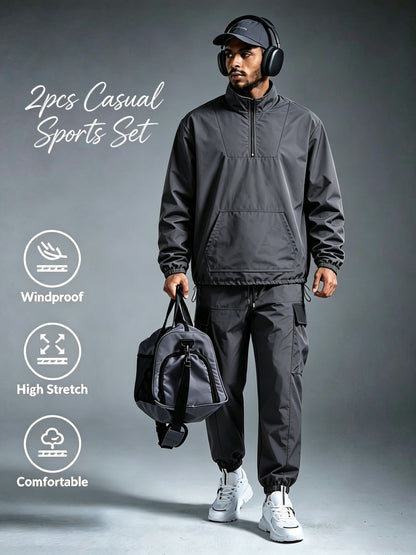 Men's Windproof Nylon Athletic Tracksuit Set with Cargo Pants