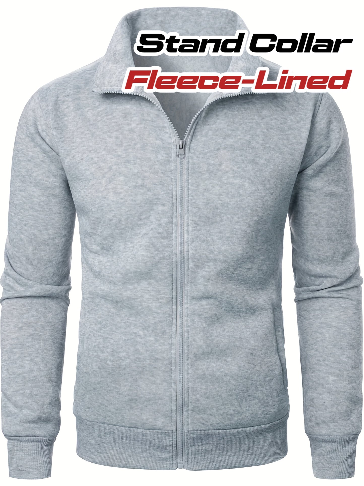 Men'S Slim-Fit Fleece-Lined Zip-Up Hoodie - Warm Long Sleeve Casual Jacket with Stand Collar, Solid Color, Polyester Lining, Pockets, Regular Fit for Fall/Winter, Winter Hoodie, Autumn Outerwear, Sleek Design, Durable Fabric,