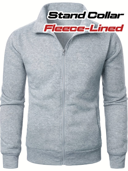 Men'S Slim-Fit Fleece-Lined Zip-Up Hoodie - Warm Long Sleeve Casual Jacket with Stand Collar, Solid Color, Polyester Lining, Pockets, Regular Fit for Fall/Winter, Winter Hoodie, Autumn Outerwear, Sleek Design, Durable Fabric,