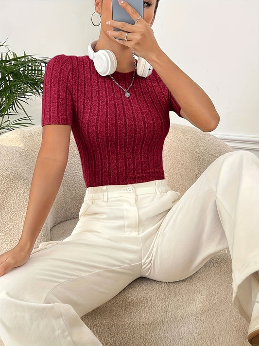 Women'S Stylish Ribbed T-Shirt - Short Sleeve, Crew Neck, Solid Color, Casual & Comfortable Fit for Casual Attire, Ladies T Shirts