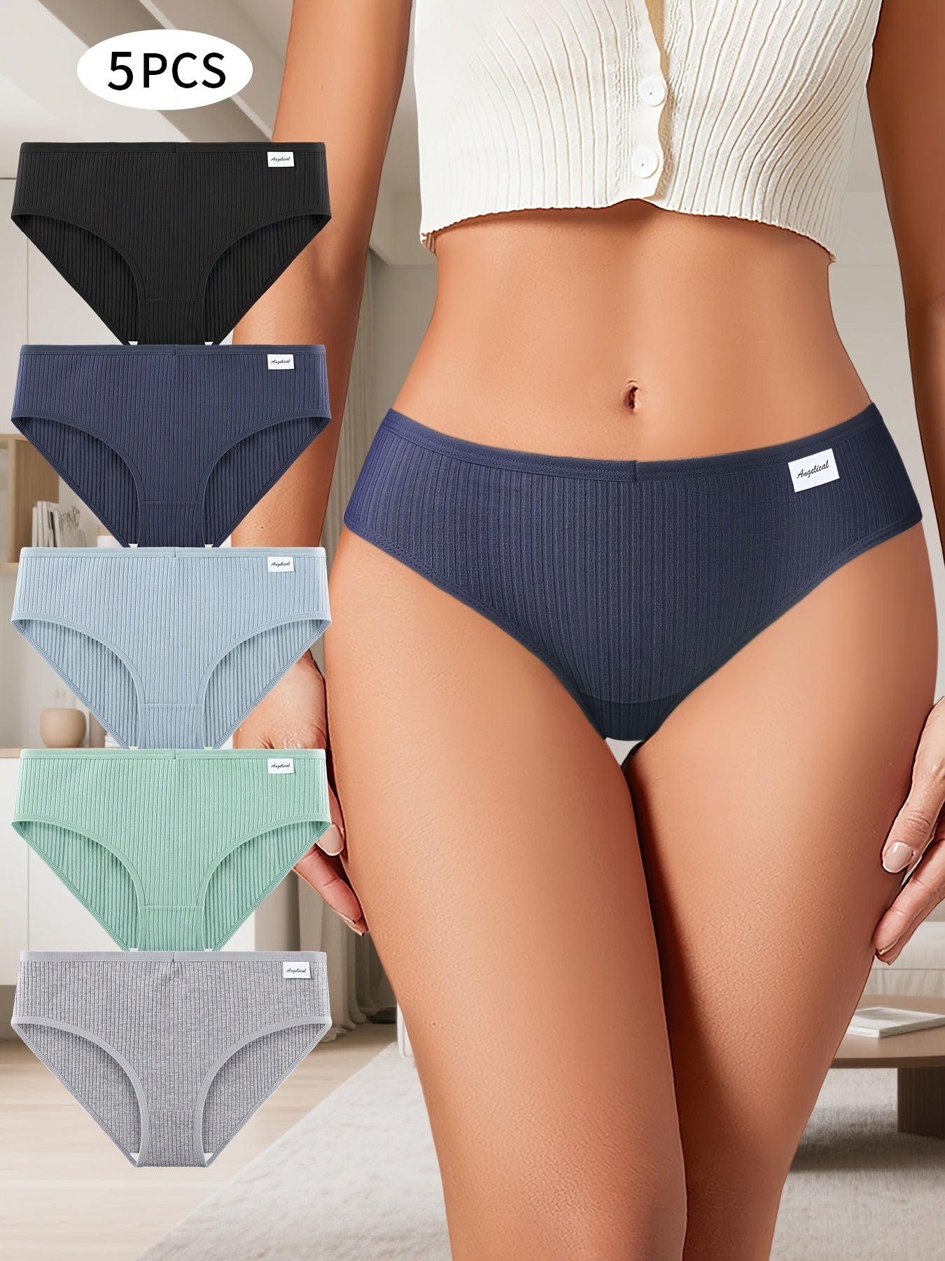 5pcs Women's Low Waist Striped Cotton Bikini Panties