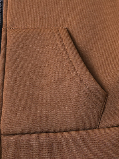 2pcs Boys' Autumn/Winter Fleece-Lined Hooded Zip-Up Jacket and Pants Set with Bird Print, Simple Color Block Design with Pockets, Fashionable Sporty Outfit for Outdoor Activities and Daily Wear, 100% Polyester Knit Stretch Fa