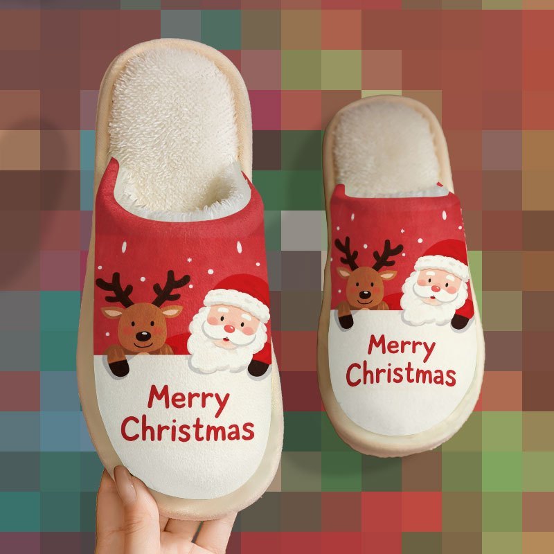 Santa Claus & Reindeer "Merry Christmas" Women's & Men's Home Slippers, Christmas Gift, Couple's Indoor Slippers, Super Comfortable Printed Slippers for Autumn & Winter,  Cozy Homewear, Christmas Design, Festive Print, Comfor