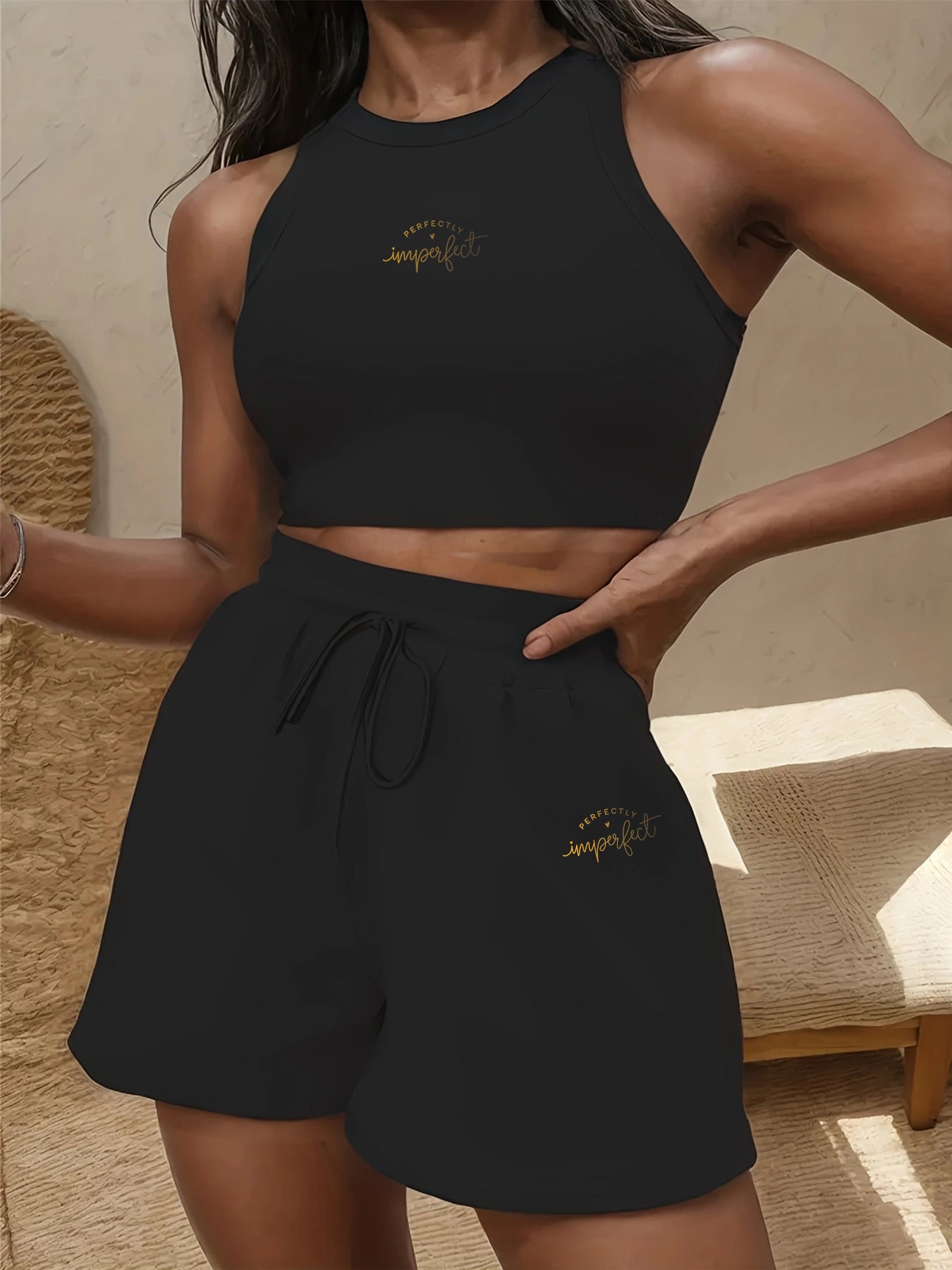 Women's Casual Two-Piece Set with English Print, Short Sleeve & Wide L