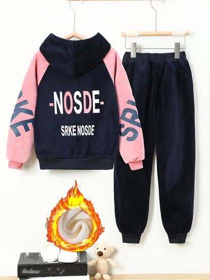 Girls' Thickened Fleece-Lined Hooded Zip-Up Jacket & Jogger Pants Set - Cozy Two-Piece Outfit with "NUS" Letter Print, Long Sleeves, and Drawstring Waist, for Outdoor, And Casual Wear, Winter Clothing, Playful Design, Soft Fa