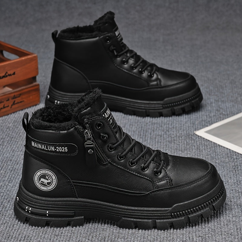 Men's Vintage Casual Fleece-Lined Snow Boots - Brown Faux Cover with Black Accents, Lace-Up Design, Thick PVC Sole for Winter & Fall, Round Toe Comfort, Everyday Winter Footwear, Winter Boots,  Style Boots, Durable Winter Foo