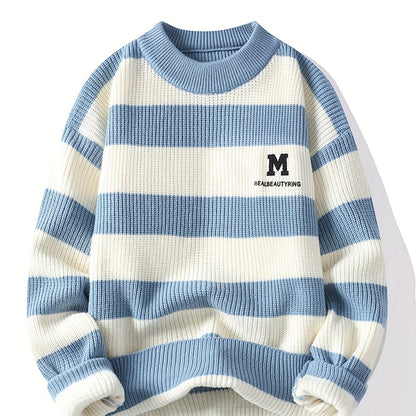 Տղամարդկանց 2025 թվականի աշուն/ձմեռ գծավոր երիտասարդական սվիտեր՝ գունային բլոկով, կլոր վզնոցով, ամենօրյա տաք տրիկոտաժով