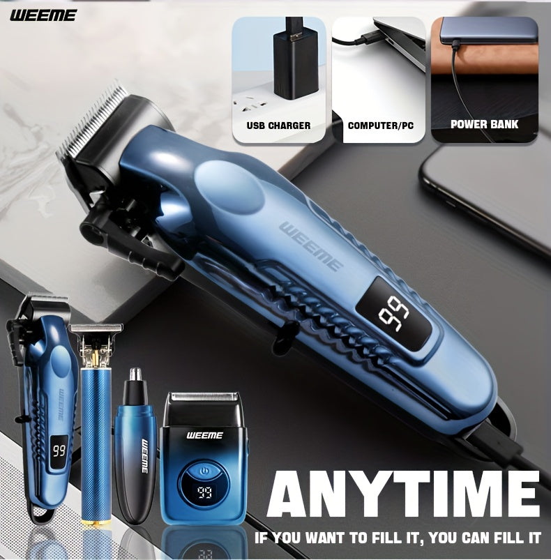 WEEME 4pcs Men's Electric Hair Clipper Set, Beard Trimmer Set, Household Facial Cleansing Set. Hair Cutting, Shaving, Trimming of Nasal Hair, Trimming of Sideburns, Facial Hair Cleaning. USB Charging. for Household Use, Vehic