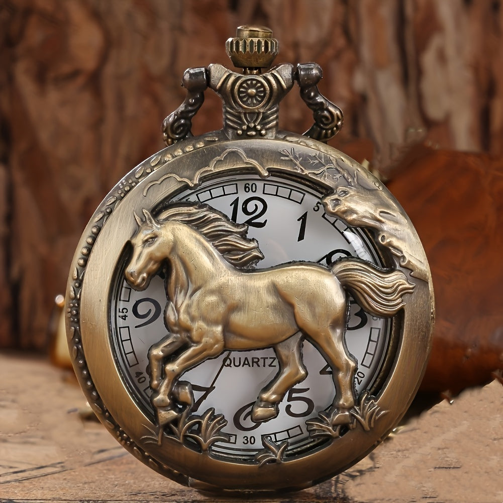 Retro Hollow Horse Quartz Pocket Watch Necklace, Animal Pendant Chain Souvenir Birthday Gift