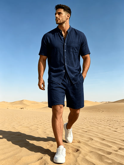 Men's Linen Short Sleeve Shirt & Solid Shorts Set for Summer