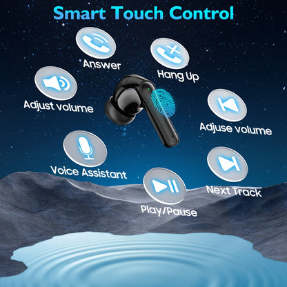 Wireless Earbuds with Touch Control, Built-in Noise Reduction Mic, Type-C Charging Case, 15Hr Playtime, 2Hr Quick Charge, USB Charging, 380mAh Battery, with LED Power Display, for Sports, Adult, Compatible with Cellphones