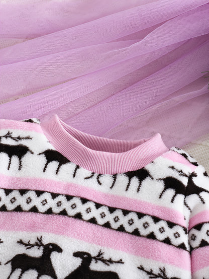 2pcs Girls' Cute Deer Print Fashionable Thick Flannel Set for Autumn/Winter, Soft and Comfortable Warm Outfit, Versatile Casual Attire with Outdoor Activities, Winter Clothing, Autumn Fashion, Stylish Kids' Wear, Playful Desi