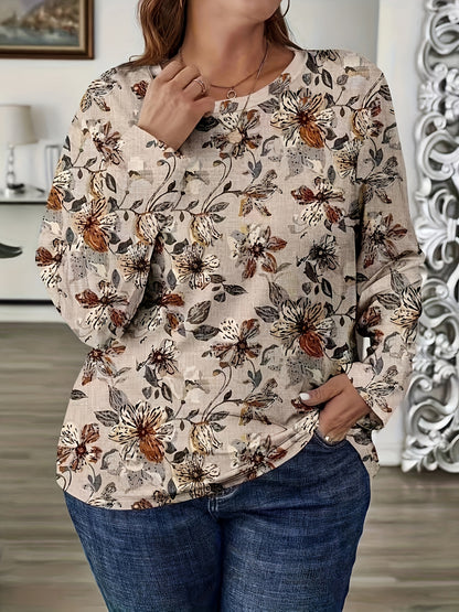 1pc Elegant Plus Size Floral Print Long Sleeve T-Shirt, Casual Crew Neck Polyester Top with Slight Stretch, All-Season Knit Fabric Blouse