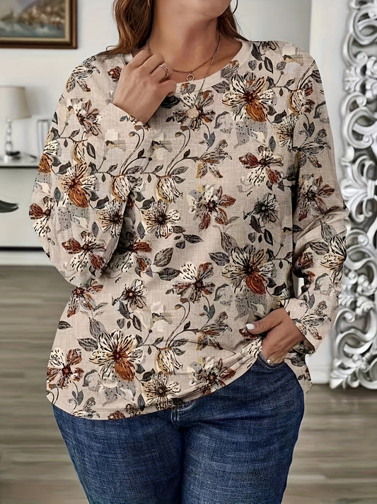 1pc Elegant Plus Size Floral Print Long Sleeve T-Shirt, Casual Crew Neck Polyester Top with Slight Stretch, All-Season Knit Fabric Blouse