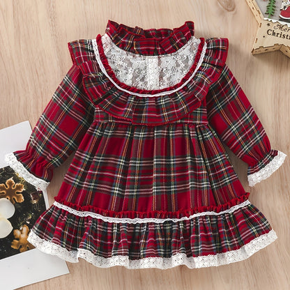 Girls' Plaid Tartan Puffed Sleeve High-Low Neck Ruffled Hem Dress with Ruffled Collar & Lace Trim - Plaid Princess Party Dress with Skirt, Machine Washable Winter Formal & Everyday Outfit for Christmas, New Year's, Easter - S