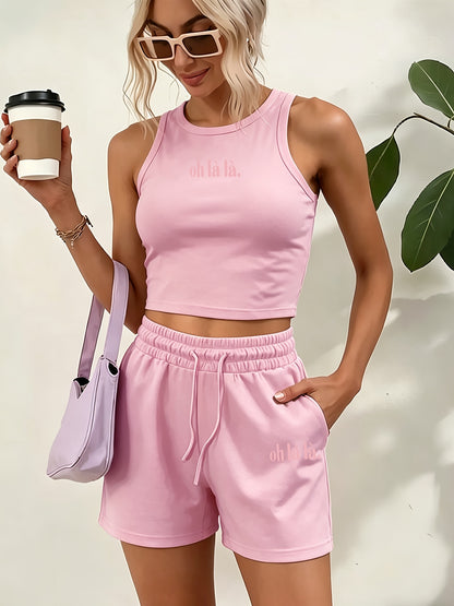 Women's Casual Two-Piece Set with English Print and Wide Leg Pants