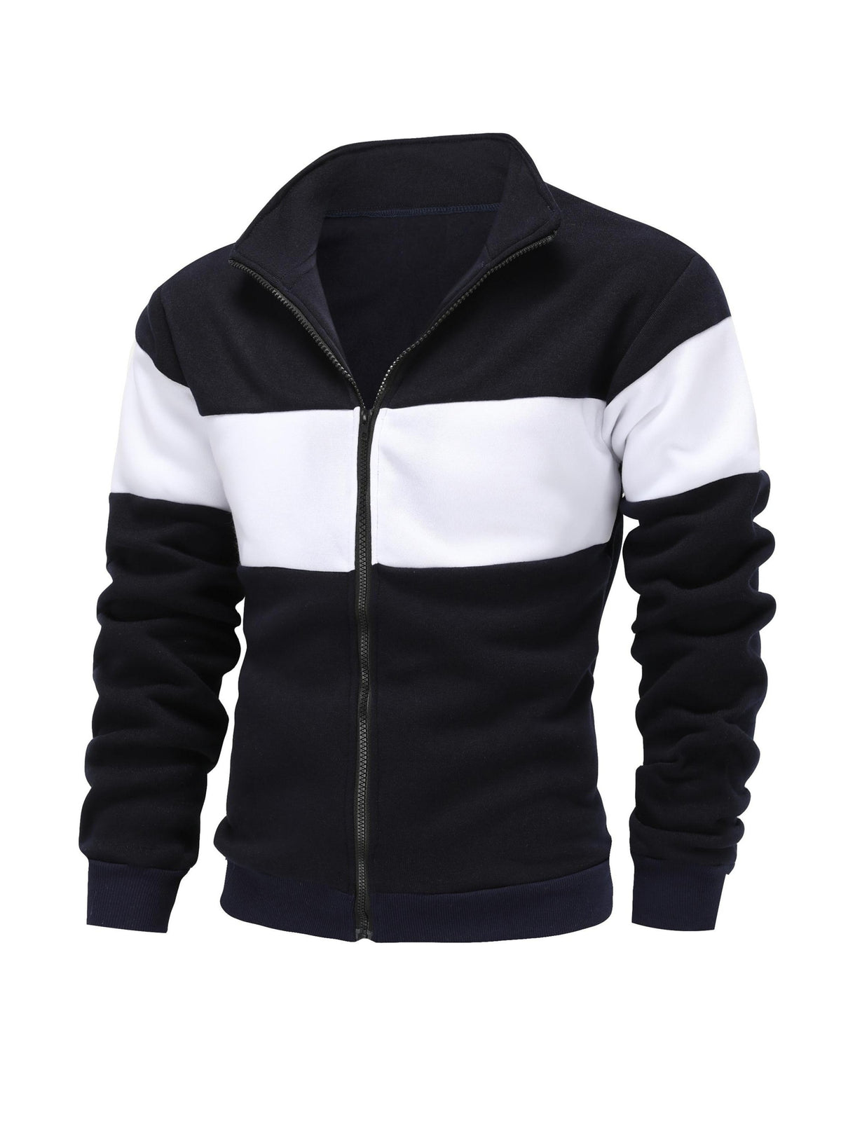 Men's Casual Stand Collar Zip-Up Fleece Jacket with Color Block