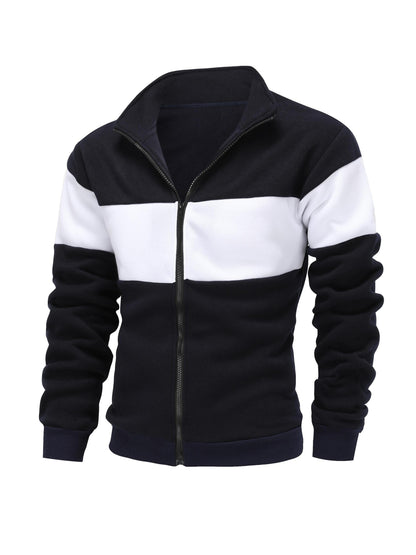 Men's Casual Stand Collar Zip-Up Fleece Jacket with Color Block