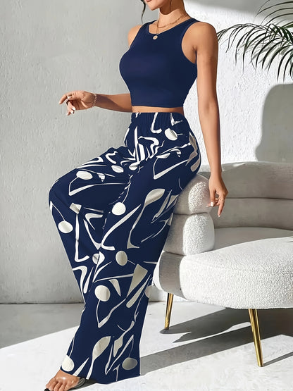 Women’s High-Waisted Wide-Leg Casual Pants with Geometric Print