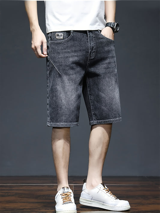 Men'S Casual Denim Shorts, Solid Color, Slight Stretch, Regular Fit, Short Length, Cotton Blend (75% Cotton, 23% Polyester, 2% Spandex), Woven Bermuda with Pockets