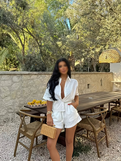 Women's Casual White 2-Piece Set: Short Sleeve Shirt & Shorts