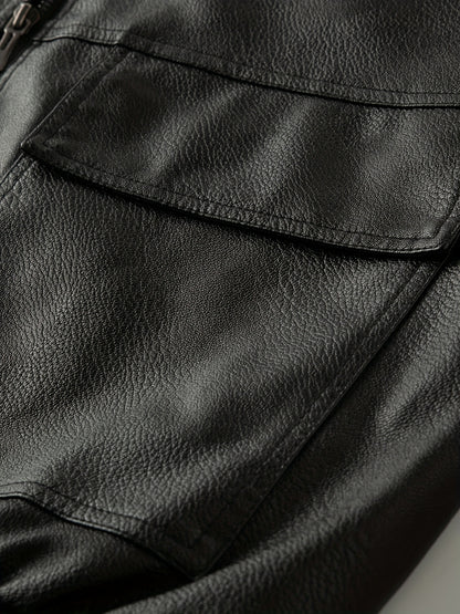 Men'S Faux Leather Bomber Jacket with Fleece Lining - Casual Motorcycle Style, Zip-Up, Long Sleeve, Drop Shoulder, Polyester Lining, Regular Fit, Outdoor & Hiking Wear, Outdoor Jacket | Bomber Jacket | Polyester Lined Jacket