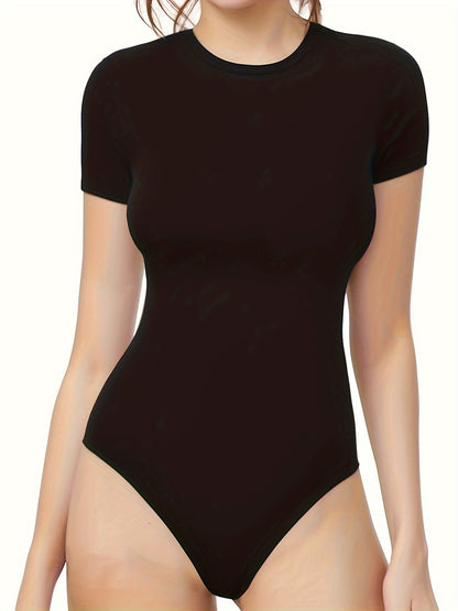 Women's Slim Fit Short Sleeve Bodysuit - Soft Stretch Round Neck, Black Solid Color, Smooth Polyester-Spandex Blend, All-Season Comfort Jumpsuit