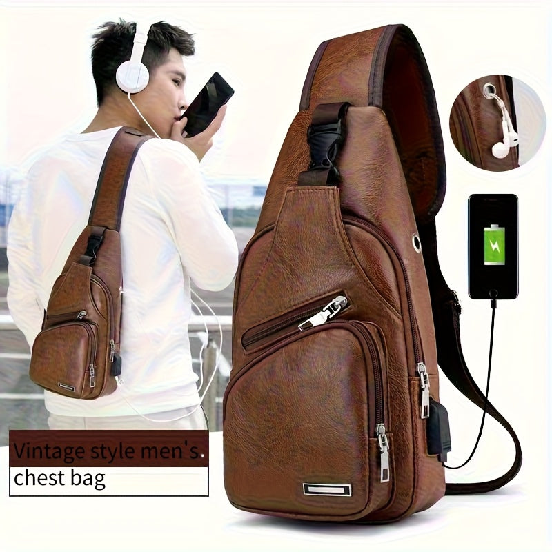 2025 New Men'S Fashion Chest Bag - Soft Faux Leather Anti-Theft Crossbody Bag with Multiple Compartments, Adjustable Strap  Zipper Closure for Gym, Travel, Casual Outings (Brown), Secure Travel Pouch, Textured Finish