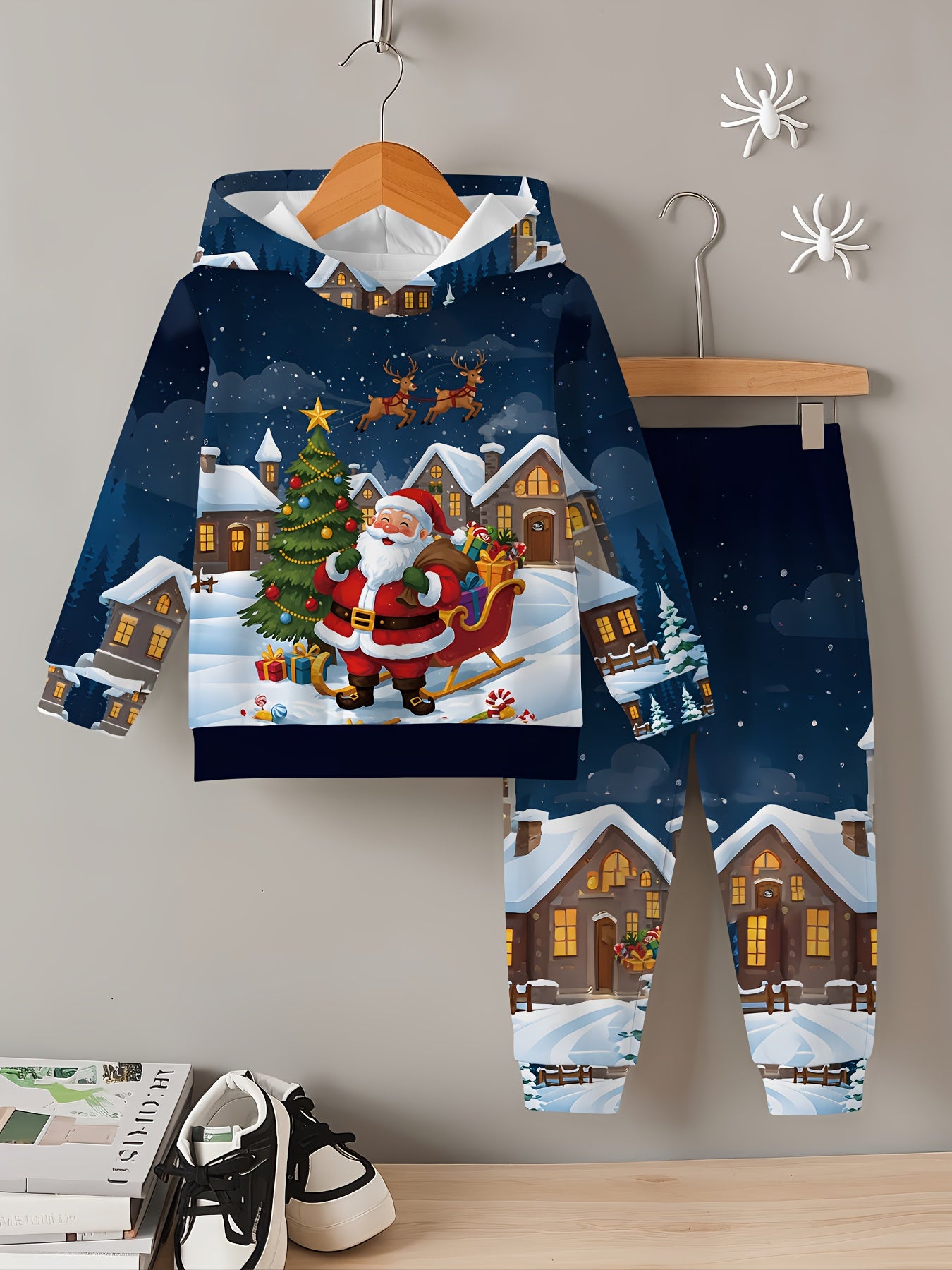 2pcs Boys' Christmas Set with Santa Claus & Winter Snowman Digital Print - Soft Hooded Sweater & Snow Pants Outfit, Cozy Long Sleeve Winter Clothes for to 12 Years, Machine Washable Festive Outfits for Xmas Parties & Casual A