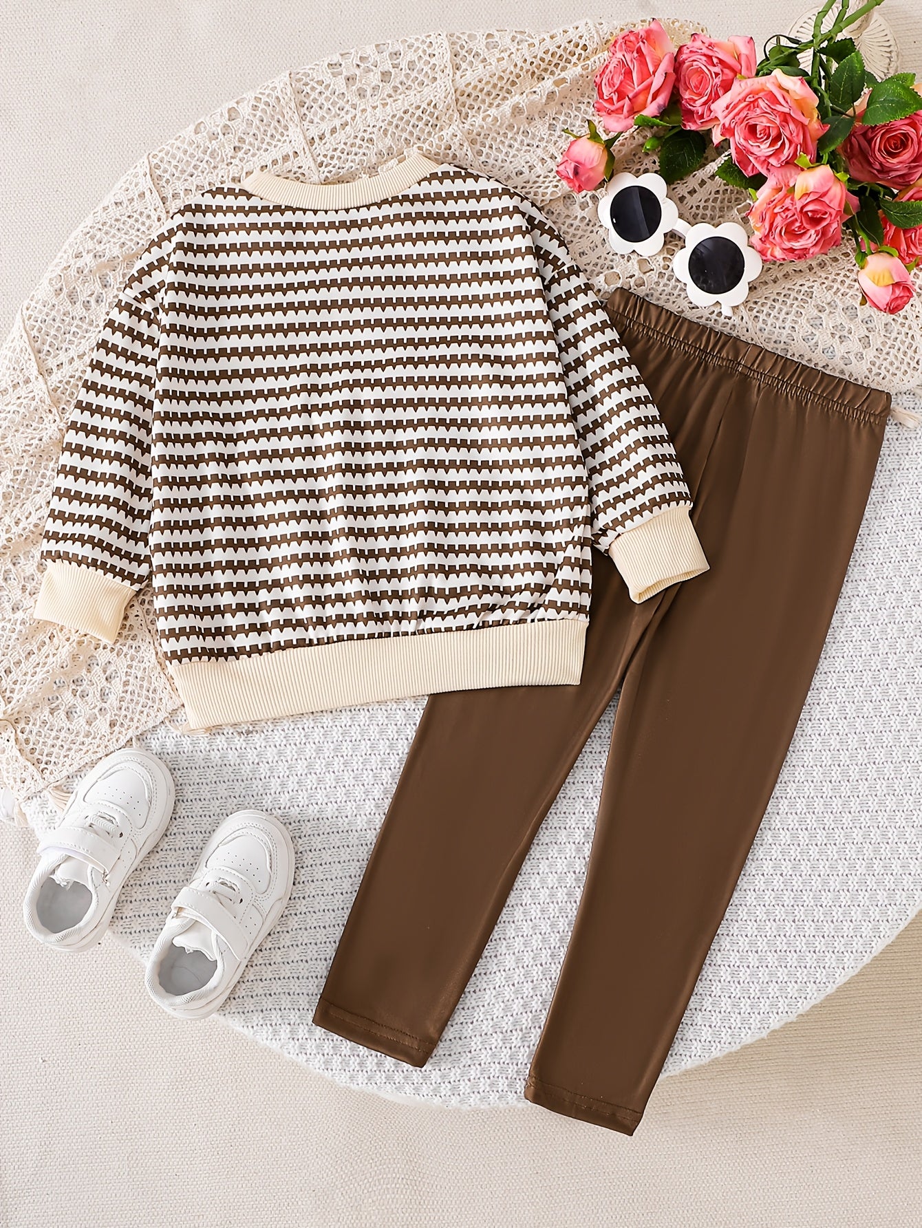 Girls' Striped Floral Sweatshirt & Leggings Set, Soft & Cozy