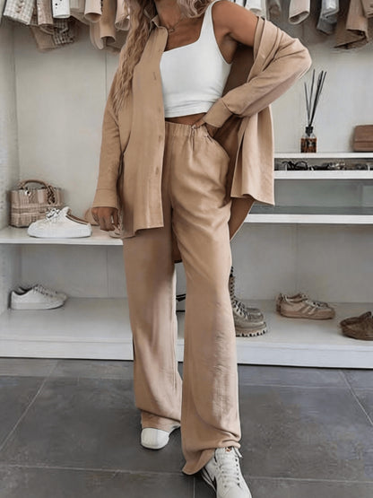 Women's Loose Shirt & Wide-Leg Pants Set - Elegant Polyester