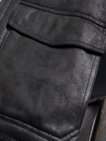 Men'S Faux Fur Lined Biker Jacket, Casual Long Sleeve Applique Air Force Style, Polyester 100% Knit Fabric, Solid Color Lapel Collar, Zipper Closure, Regular Fit for Daily & Golf Occasions - Fall/Winter Collection