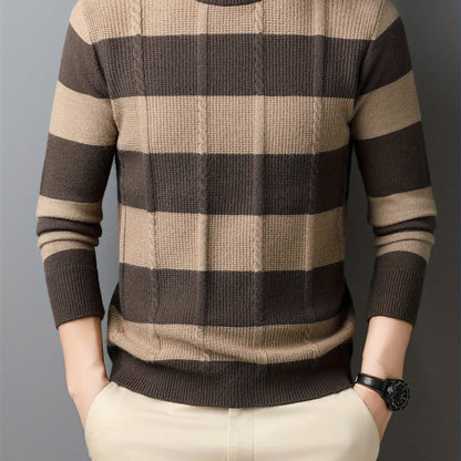 ZBZP Men'S Casual Striped Knit Sweater - Dark Gray & White Horizontal Stripes, Round Neck Long Sleeve, Regular Fit, Autumn Winter Warm Pullover for Casual Attire, Knit Sweater, Comfortable Fashion, Soft Texture, Cold Weather