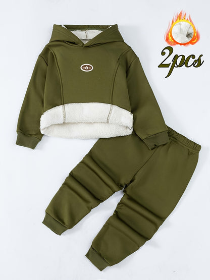 2pcs Autumn and Winter Hot-Selling New Boys' Warm Fleece Set: Hoodie + Thermal Pants, Casual Sporty Style for Outdoor Wear, Perfect for Outdoor, Sportive For Boy, Boy Clothe Age, Boy Set, Clothes Sons, Trening Baieti Copii, B