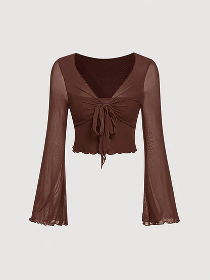Sexy Knot Front Lettuce Trim Long Sleeve Tee