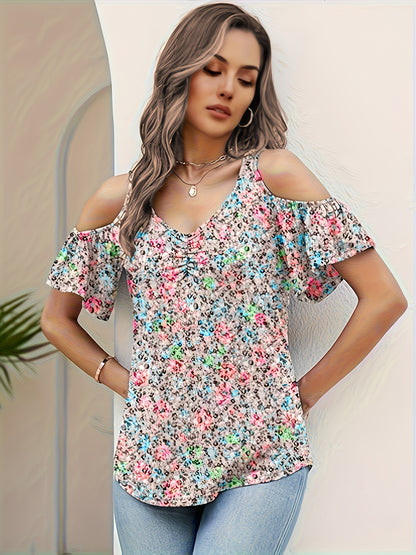 Women'S Summer V-Neck Pleated Floral Print Sexy Off-Shoulder T-Shirt