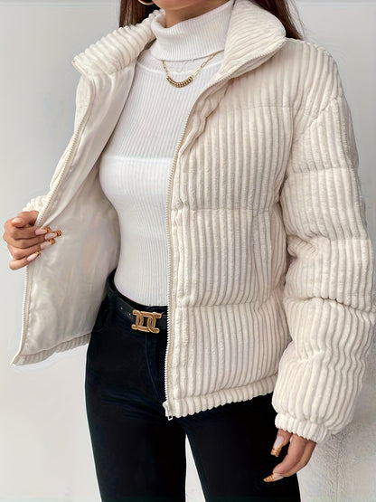 Կանացի սպիտակ փքված բաճկոն՝ կայծակաճարմանդով և թավշանման վերնամասով - Բեժ ձմեռային վերարկու, լվացքի մեքենայով լվացվող ցուրտ եղանակի վերնազգեստ, էլեգանտ կարճ կտրվածք (առանց գոտու)՝ առօրյա կամ պաշտոնական օգտագործման համար, կանացի բաճկոններ, ձմեռային հագուստ