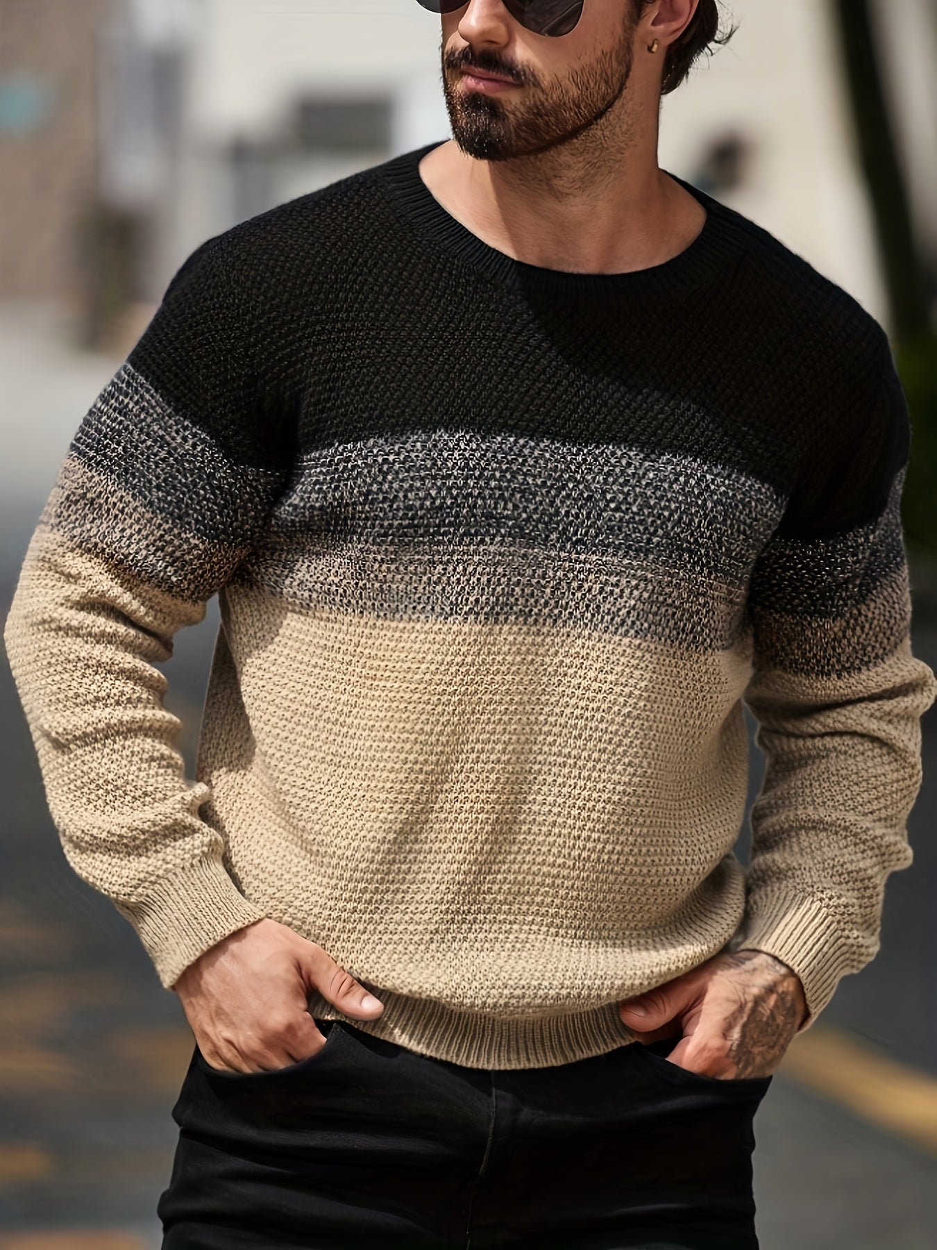 Տղամարդու ձմեռային գրադիենտային գունային բլոկներով տրիկոտաժե սվիտեր - ազատ չափի ոճի օմբրե խառնուրդ (տաք կլոր վզով սվիտեր)՝ ցուրտ եղանակի, առօրյա և էլեգանտ առօրյա հագուստների համար - անթափանցիկ ազատ չափի վերնաշապիկ