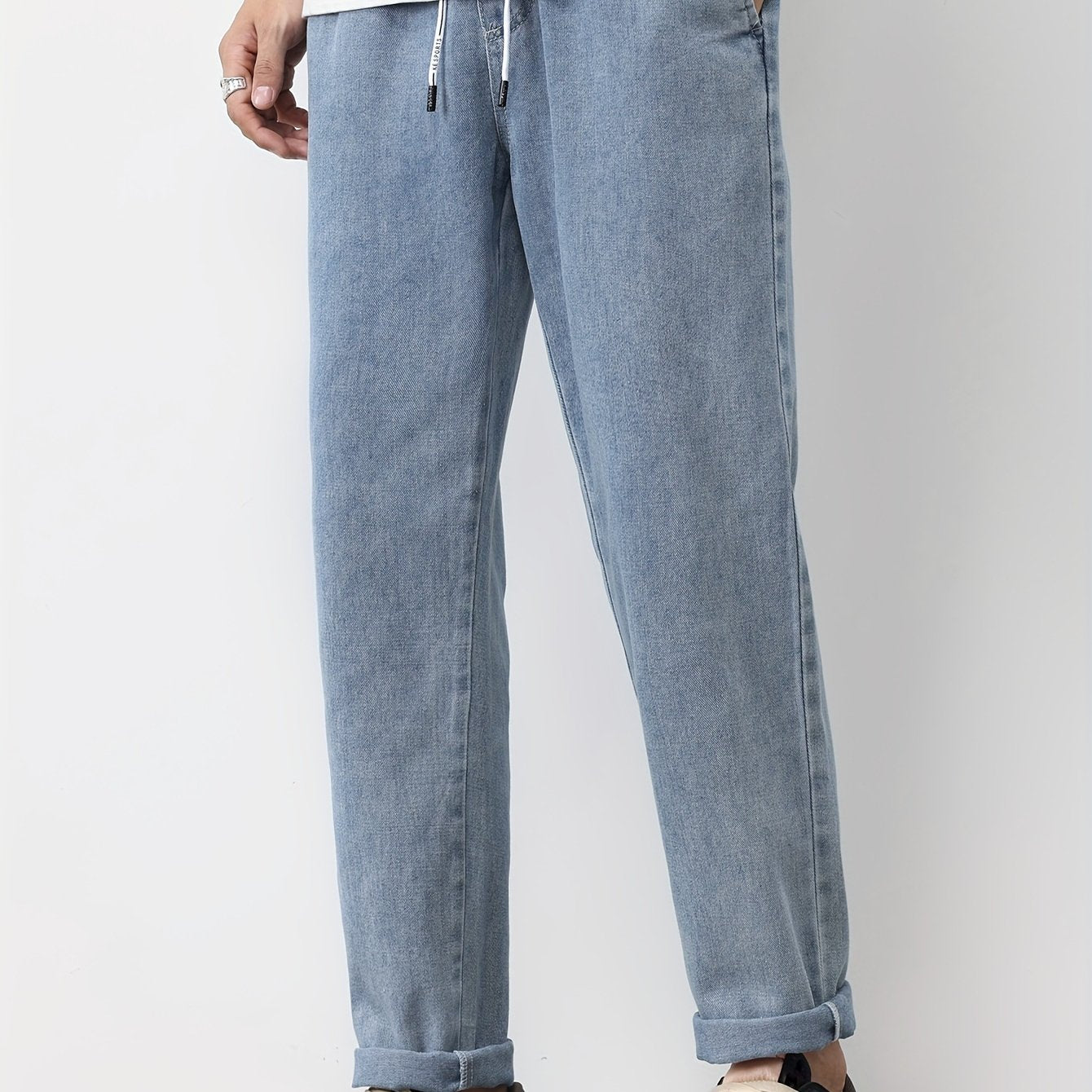 Men's Solid Washed Denim Trousers With Pockets, Causal Drawstring Cotton Blend Barrel Jeans For Outdoor Activities